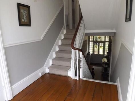 House Entrance Hallway, Dado Rail Living Room, Dado Rail Hallway, Grey And White Hallway, White Banister, Victorian Stairs, Grey Hallway, White Hallway, Hallway Paint