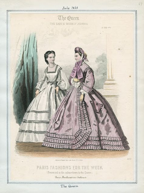 The Queen, July 1862. LAPL Visual Collections.  Civil War Era Fashion Plate 1885 Fashion, Collage Ephemera, Victorian Outfits, Bustle Dresses, Victorian Fashion Women, 1899 Fashion, Western Womens Fashion, 1870s Fashion, 1860 Fashion