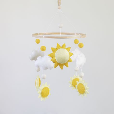 Handmade Felt Baby Mobile with Suns and Clouds, Unique Nursery Decor Yellow Baby Room, Unique Nursery Decor, Felt Baby Mobile, Cot Toys, Dream Catcher Mobile, Baby Boy Mobile, Unique Nursery, Crib Toys, Dream Nurseries