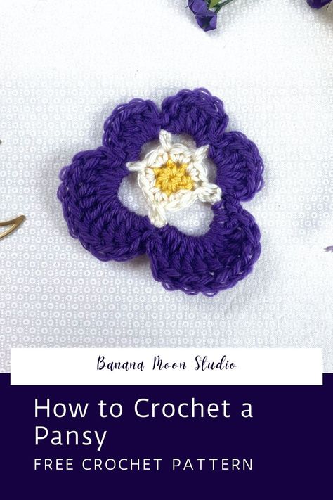 How to Crochet a Pansy Flower • Banana Moon Studio Crochet Pansies, Crochet A Flower, Flower Crochet Pattern, Crochet Cowl Free Pattern, Crochet Cowl Pattern, Pansy Flower, Crochet Abbreviations, Pansies Flowers, Learn How To Crochet