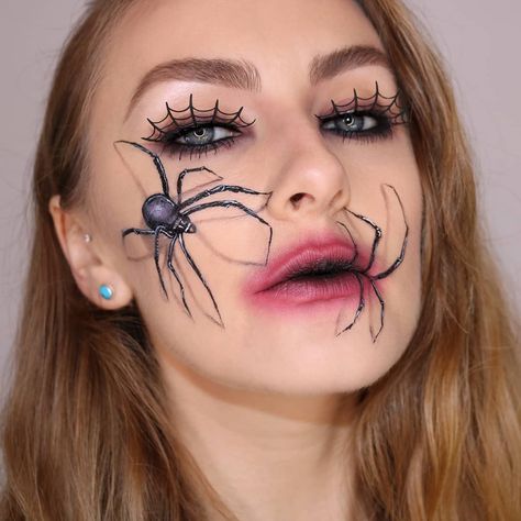 3d Spider Makeup Halloween, Spiders On Face Makeup, 3d Spider Makeup, Spider Lips Makeup, Spider On Face Makeup, Spider Eyes Makeup, Spider Make Up, Spider Makeup Looks, Spider Makeup Halloween