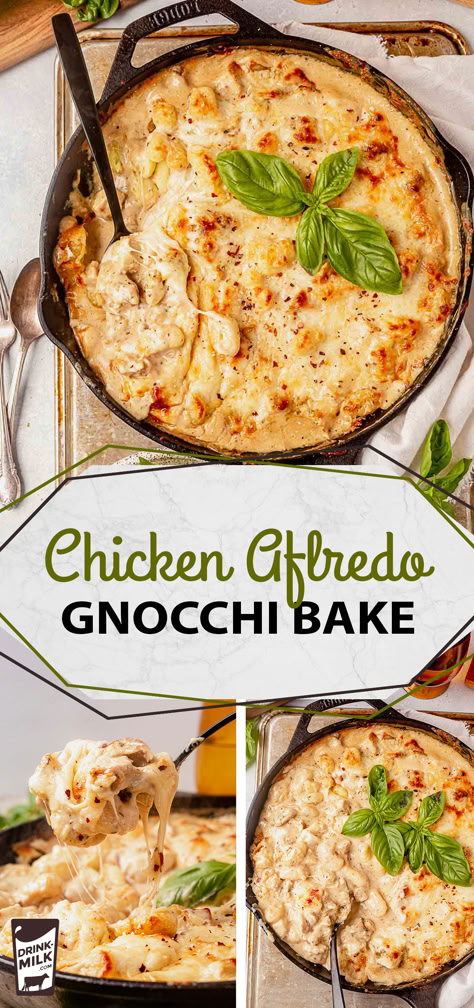 This simple weeknight dinner makes a comforting and delicious meal! Alfredo Gnocchi Bake, Chicken Alfredo Gnocchi, Alfredo Gnocchi, Easy Chicken Alfredo, Creamy Chicken Alfredo, Gnocchi Bake, Creamy Alfredo Sauce, Baked Gnocchi, Chicken Gnocchi