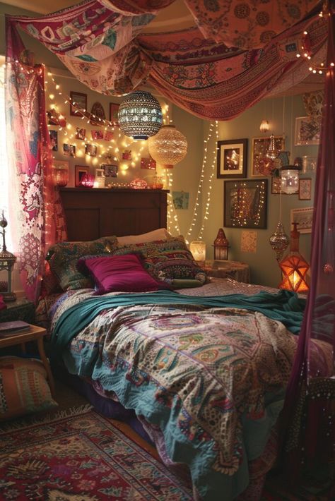 Maxamalist Bedroom, Cozy Whimsical Bedroom, Gypsycore Room, Witchy Boho Bedroom, Witch Bedroom Ideas, Boho Witch Decor, Whimsy Bedroom, Boho Witchy Bedroom, Whimsigoth Bedroom