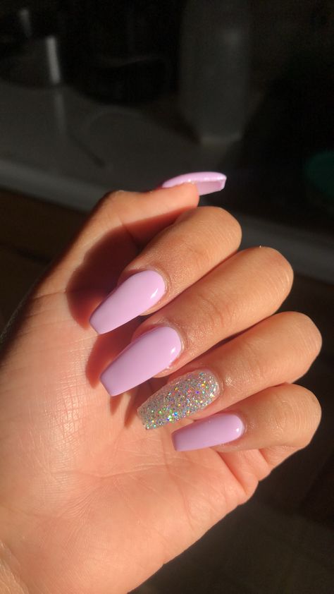 Plain Nails With Glitter, Light Color Nails Acrylic, Cute Nails Acrylic Light Purple, Purple Nails With Sparkle, Simple Acrylic Nails Long Square, Plain Nail Ideas Simple, Light Purple Nails Coffin Short, Plain Nail Designs, Color Nails