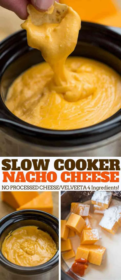 THE EASIEST creamy slow cooker nacho cheese sauce ever with just four ingredients! Nacho Bar Cheese Sauce, Slow Cooker Nacho Cheese, Nachos Bar, Nachos Cheese Recipe, Nachos Cheese Dip, Nacho Bar, Nacho Cheese Sauce, Queso Cheddar, Queso Dip