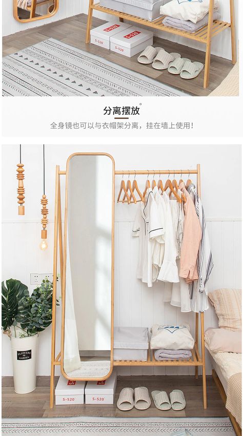 Mirror And Clothes Rack, Free Standing Mirror Bedroom, Bedroom Mirror Ideas Full Length, Dressing Mirror With Back Storage, Standing Mirror In Bedroom, Standinf Mirror, Mirror With Plants, Full Body Mirror Hanging On Door, Diy Standing Mirror