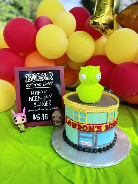 Bobs Burger Cake Ideas, Bobs Burgers Birthday Party Ideas, Bobs Burger Party Theme, Bobs Burger Birthday Party Ideas, Bobs Burger Party, Bobs Burgers Birthday Party, Bobs Burgers Cake, Bobs Burgers Party, Bobs Burgers Birthday