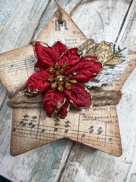 DIY Vintage Style Christmas Star Ornament - Creating Through Chaos Twine Star Ornament, Tree Shaped Ornaments Diy, Wood Star Ornaments Diy, Home Made Christmas Star, Fabric Star Ornament, Twine Stars Diy, Paper Mache Stars, Vintage Diy Christmas Ornaments, Christmas Bizarre Craft Ideas