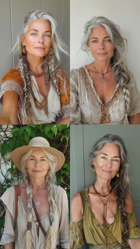 Braids For Older White Women, Grey Long Hair Older Women, Hippy Hairstyles For Long Hair, Native American Hairstyles For Women, Extremely Long Hair Hairstyles, Long 70’s Hair, Hair Over 60, Norse Hairstyles Women, Nordic Braids Women