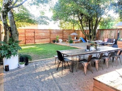 Top 40 Best Gravel Patio Ideas - Backyard Designs Pebble Patio, Stone Backyard, Farmhouse Backyard, Pea Gravel Patio, Backyard Dining, Gravel Landscaping, Concrete Patios, Farmhouse Patio, Gravel Patio