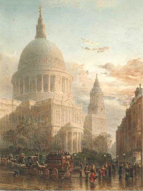 St. Paul's in an evening rain. Romantic era painting 19th century. By Edward Angelo Goodall London Painting, Ancient Egypt History, Baroque Painting, St Paul's Cathedral, London Architecture, London History, Historical Painting, St Pauls Cathedral, Scene Art