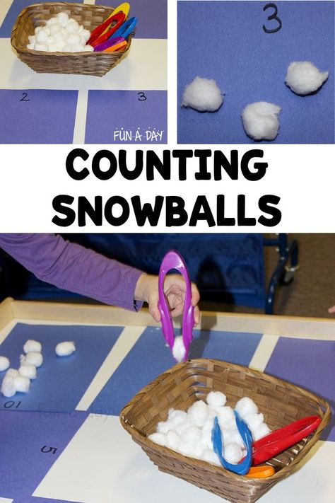 A super simple preschool winter math activity! It's easy to setup and keeps the kids engaged during center time. Let the kids work on their counting and number identification skills during a winter theme. Snowball Math, Preschool Winter Math, Winter Activities For Toddlers, Winter Lesson Plan, Winter Theme Preschool, Winter Math Activities, Decomposing Numbers, January Activities, Preschool Winter