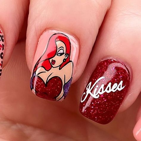 Jamee Heflin Polished Panda on Instagram: "I have been chomping at the bit to start doing Valentine’s Day nails and the time has finally come!! I love how this first mani came out! I decided to do a kisses/xoxo theme and after going through all of my plates and images I decided to go with Rodger and Jessica Rabbit as my inspo. I loved the movie Who Framed Rodger Rabbit growing up and I thought their relationship was so unique and cute. Plus, I just got these @laloarroyo_nails plates with my most recent @mundodeunas order and I am so glad I did!! These plates just happened to have the most perfect images on it and they pick up and transfer like a dream!! If you haven’t tried them yet and are interested, this is your sign to stop waiting! You won’t regret it!! lol Challenges: 💋 February 3- Jessica Rabbit Nails, Waiting You, Cartoon Nails, Perfect Images, Stop Waiting, Nail Plate, Jessica Rabbit, February 3, Perfect Image