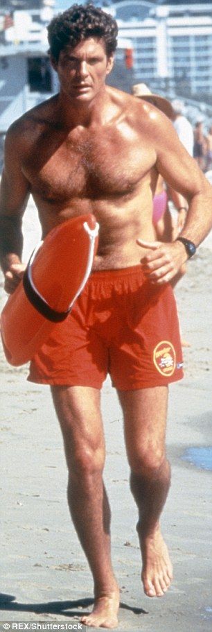 Blast from the past: The actor smiled wide while on set (L) during a break in filming; pic... Baywatch David Hasselhoff, David Hasselhoff Baywatch, Wednesday Writing, Arnold Schwarzenegger Bodybuilding, Raglan Dress, Schwarzenegger Bodybuilding, House Wear, David Hasselhoff, Spongebob Wallpaper