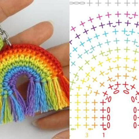 Free Crochet Patterns Crochet Rainbow Heart Free Pattern, Rainbow Bookmark Crochet, Crochet Rainbow Applique, Rainbow Keychain Crochet Pattern, Crochet Pride Keychain, Crochet Rainbow Keychain, Crochet Keychains, Rainbow Crochet, Free Crochet Patterns