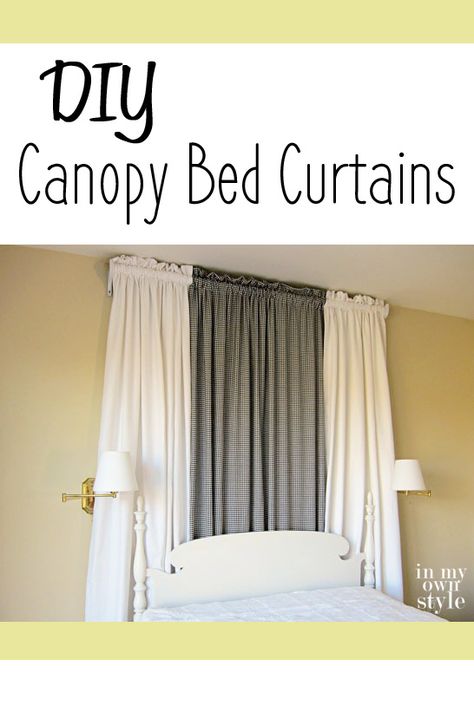 DIY Canopy Bed Curtains: Great for a limited budget, these bed curtains will make a bold statement in any room. Bedroom Ideas Simple, Diy Canopy Bed, Diy Beds, Bed Drapes, Canopy Bed Diy, Canopy Bed Curtains, Diy Wall Decor For Bedroom, Diy Canopy, Diy Bedroom