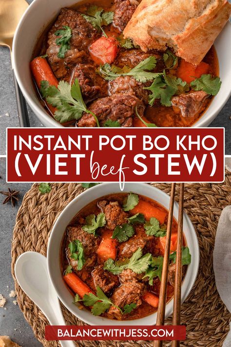 Making Bo Kho, or Vietnamese Beef Stew, in the Instant Pot couldn't be any easier! Sweet and savory beef, onion, and carrots are cooked in a fragrant lemongrass, coconut, and soy broth. Serve it with noodles, rice, or a baguette. This healthy soup is perfect for meal prep or parties! Dairy free, one pot. Crock Pot Vietnamese Recipes, Beef Broth Recipes Instant Pot, Korean Beef Stew Instant Pot, Instapot Vietnamese Recipes, Vietnamese Beef Stew Instant Pot, Bo Kho Instant Pot Recipe, Instant Pot Galbi Jjim, Asian Stew Meat Recipes, Stew And Soup Recipes