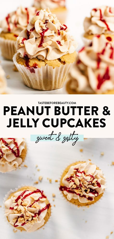 Crazy Cupcakes Ideas, Peanut Butter Jelly Cake Recipe, Cupcake Combinations Ideas, Cupcake Recipes Flavor, Filled Yellow Cupcakes, Nutter Butter Cupcakes, Pb And J Cupcakes, Peanut Butter And Jelly Cupcakes Easy, Cupcake Recipes For Birthday