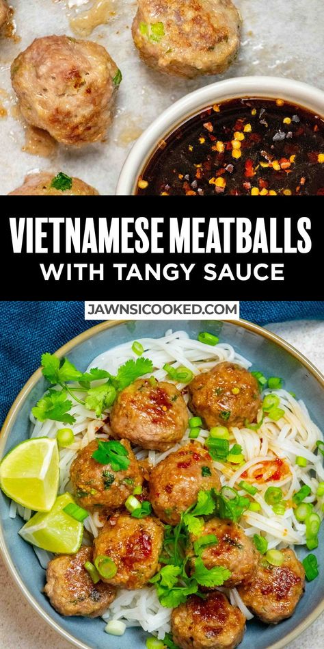 This quick and easy Vietnamese Meatball recipe combines aromatic tender baked meatballs with a tangy Vietnamese-inspired no-cook sauce, for a quick and easy dinner you can have on the table in under 30 minutes start to finish! Vietnamese Meatballs Recipe, Vietnamese Pork Meatballs, Vietnamese Meatballs, Easy Vietnamese Recipes, Vietnamese Style, Vietnamese Pork, Baked Meatballs, Asian Dinners, Pork Meatballs