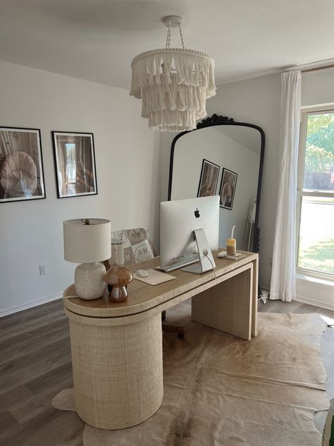 home office, neutral home office, aesthetic, blogger office Women’s Home Office Aesthetic, Beige Home Office Aesthetic, Neutral Boho Home Office, Desk Asthetic Picture, Office Space Aesthetic Woman, Organic Modern Office Desk, Home Office Inspo Modern, Home Studio Office Ideas, Modern Aesthetic Office