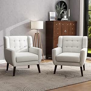 UIXE Accent Chairs Set of 2, Modern Living Room Arm Chair Mid-Century Upholstered Club Armchair, Comfy Fabric Single Sofa Button Tufted Reading Seat Bedroom Side Sitting, Beige Accent Chair Set, Upholstered Armchair, Modern Accent Chair, Accent Arm Chairs, Mid Century Chair, Arm Chairs Living Room, Upholstered Arm Chair, Single Sofa, Comfortable Sofa