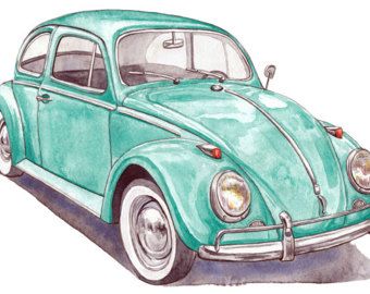 Volkswagen archival art print, original watercolor painting printed on watercolor paper, vw bug, classic car, wall decor, fineart print Beetle Watercolor, Beetle Art, Carros Vintage, Vw Art, Beetle Car, Vw Bugs, Caran D'ache, Volkswagen Transporter, Cat Air