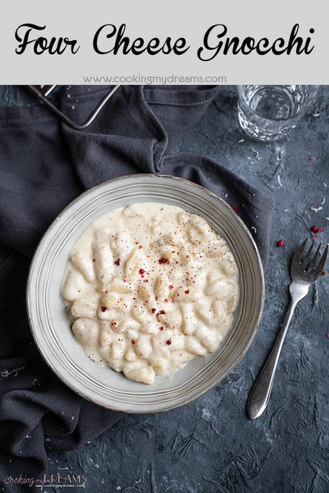 Soft pillowy potato gnocchi coated in a silken cheesy sauce made of four different cheese. This classic Italian dish is one of the top comfort food recipes and a must for cheese lovers. The creamy sauce has Gouda, Parmigiano, Brie, and the star, Gorgonzola. The combination of four different cheese will make your tastebuds dance for joy. Gnocchi Sauce Recipes, Homemade Gnocchi Recipes, Best Sauce For Gnocchi, Cheese Gnocchi, Easy Gnocchi, Gorgonzola Recipes, Gnocchi Sauce, Gnocchi Recipes Homemade, Gnocchi Dishes