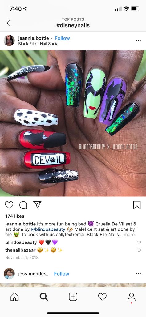 Villian Nails Designs, Descendants Nail Art, Green Disney Nails, Descendants Nails, Villain Nail Art, Hercules Nails, Clueless Nails, Evil Queen Nails, Disney Evil Queen Nails