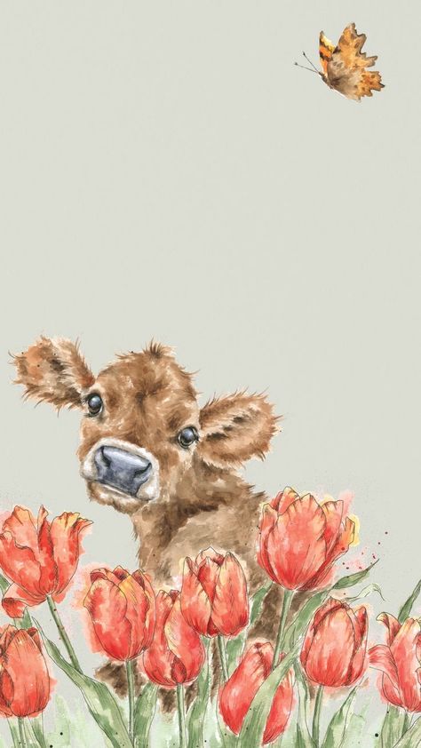 Iphone Cow Wallpaper, Spring Wallpaper Tulips, Wrendale Designs Animals, Cute Spring Phone Wallpapers, Wrendale Wallpaper, Tulip Phone Wallpaper, Highland Cow Wallpaper Iphone, Spring Computer Wallpaper, Cow Iphone Wallpaper