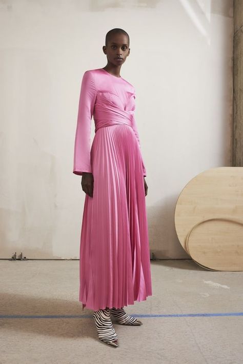 Commencement Outfit, Modest Pink Dress, Soft Pink Dress, Circular Skirt, Pink Satin Dress, Solace London, Modesty Fashion, Modest Wear, Floor Length Gown