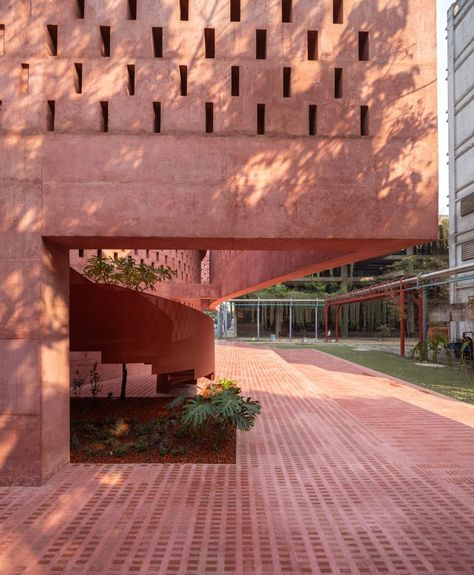 Studio Morphogenesis wraps waterside mosque in Bangladesh in perforated pink concrete Coloured Concrete Architecture, Concrete Facade Architecture, Pink Concrete, Concrete Interior Design, Digital Architecture, Architects Studio, Mosque Design, Concrete Interiors, Concrete Column