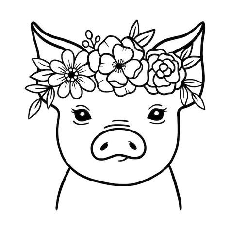 Cute pig line art pig with flower crown ... | Premium Vector #Freepik #vector #tattoo-art #pig-head #cute-pig #pig-illustration Pig With Flower Crown, Pig Embroidery Pattern, Crowns Drawings, Pig Line Art, Vinyl Tattoo Ideas, Pig Face Drawing, Cute Pig Drawing, Flower In Mouth, Pig Template