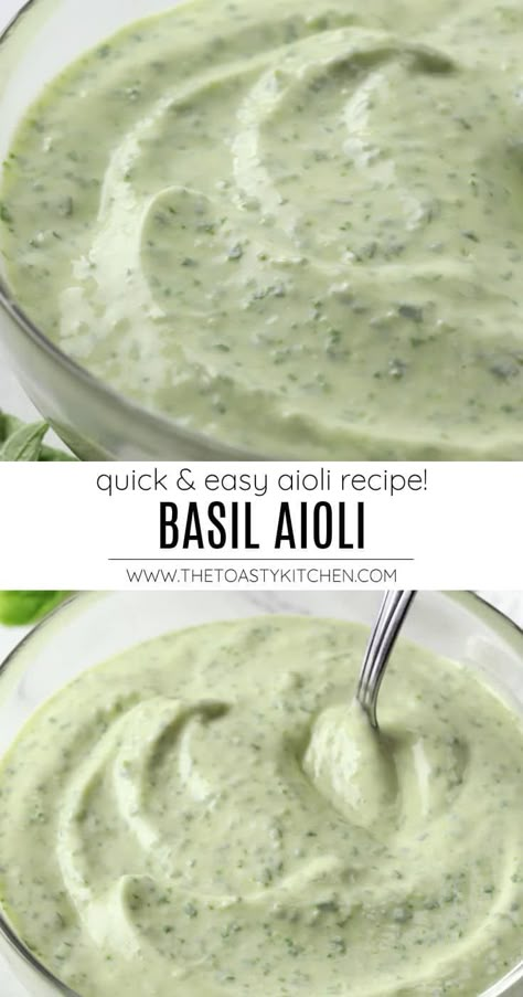 Basil aioli recipe by The Toasty Kitchen. Basil aioli is made with fresh basil, garlic, and lemon juice - bright, flavorful, and perfect for summer! It makes a great spread for sandwiches and burgers, or dipping sauce for fries. #basil #basilaioli #aioli #quickaioli #summeraioli #summerdips #summerspreads #freshbasil #dips #recipe Lemon Basil Aioli, Basil Olive Oil Recipes, Italian Dipping Sauce, Aioli Sauce Recipe For Burgers, Baking With Basil, What To Do With Fresh Basil, Fresh Basil Ideas, Recipes Using Fresh Basil, What To Do With Basil