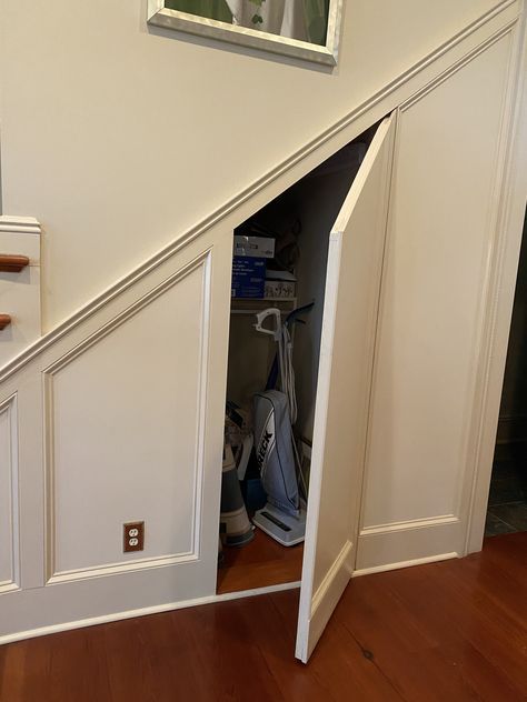 Understair Cupboard Doors, Understairs Doors Ideas, Door Under The Stairs, Panelled Under Stairs Storage, Under Stairs Hidden Storage, Understairs Panelling, Under Stairs Doors, Hallway Decorating Colours, Stair Cupboard