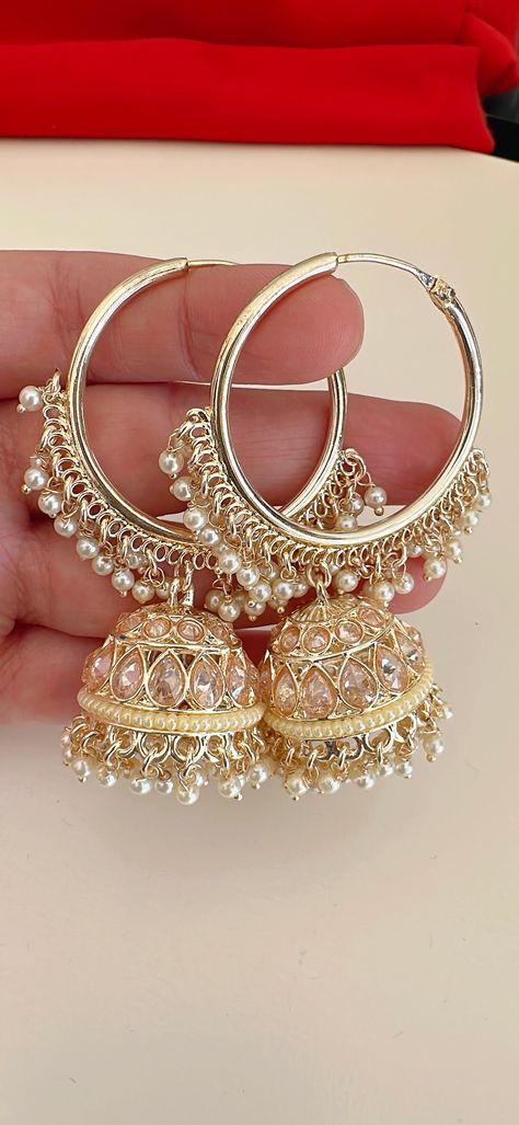 Women's hoop earrings gold plated in a bali style drop and a glazed finish is a stunning accessory for women Earring Height = 74 Mm(2.91 inches) || Width = 27 Mm Antique Earring Our jewelry is skillfully hand crafted and lasting finish. These can be your go-to accessories for any get together! Light Weight And Wearable Everyday Classic Design For Every Indian Woman Ready to ship from Edison NJ USA We stand behind our products - 100% satisfaction guaranteed. Jewelry Care: It is advisable to store Punjabi Accessories, Indian Wedding Sangeet, Capsule Wardrobe Jewelry, Kundan Jhumka, Desi Jewelry, Pakistani Earrings, Jewelry Kundan, Bali Earrings, Bridal Jewellery Design