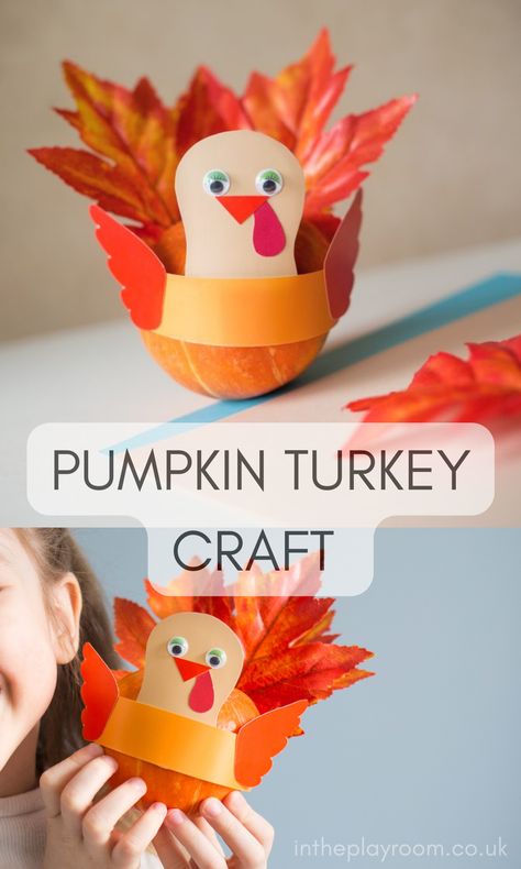 Easy and Cute Pumpkin Turkey Craft - In The Playroom Pumpkin Turkey Craft, Pumpkin Seed Crafts, Craft For Thanksgiving, Pokemon Pumpkin, Thanksgiving Centers, Real Pumpkins, Halloween Pumpkin Crafts, Craft Pumpkins, Pumpkin Turkey