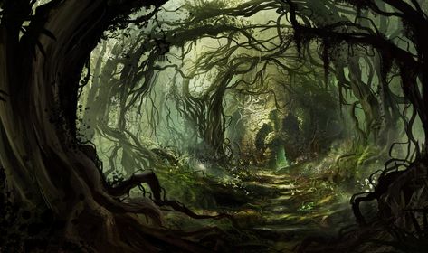 Follow the roots, Marko Drazic on ArtStation at https://www.artstation.com/artwork/DmGRR Druid Grove, Fantasy Forest Art, Fae Forest, Swamp Forest, Ormanlık Alan, Landscape Concept, Fantasy Forest, Fantasy Setting, Fantasy Places