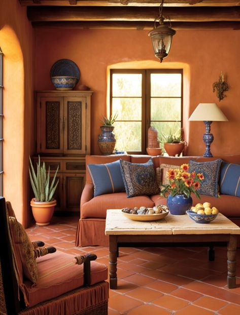 Small Spanish Living Room, Terracotta Bookshelf, Spanish Style Family Room, Meditterean Living Room, Living Room Terracotta Walls, Spanish Cottage Living Room, Mexican Style Living Room Ideas, Mexican Inspired Living Room, Spanish Living Room Hacienda Style