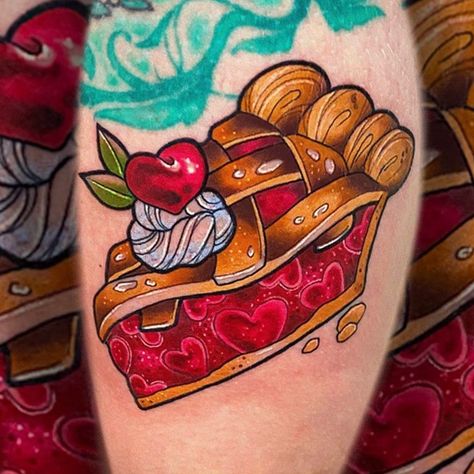 Piece Of Pie Tattoo, New School Style Tattoo, Thanksgiving Tattoo Ideas, Cute Food Tattoos, Macaron Tattoo, Cherry Pie Tattoo, Tattooing 101, Pie Tattoo, Jam Tattoo