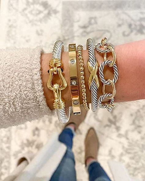 David Yurman Bracelet Stack With Apple Watch, Bracelet Stack Ideas With Apple Watch, Bracelet Stack Ideas Gold, Stacked Bracelets With Watch, Bracelet Stack With Apple Watch, Mixed Metal Bracelet Stack, Designer Bracelet Stack, David Yurman Bracelet Stack, Luxury Bracelet Stack