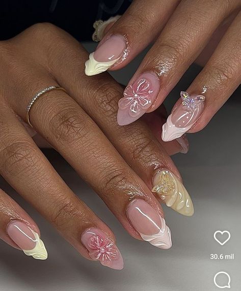 Cute Fluttershy, Butterfly Nail Designs, Butterfly Nail, Fluttershy, Delicate Details, Artist On Instagram, Nude Nails, Almond Nails, French Nails