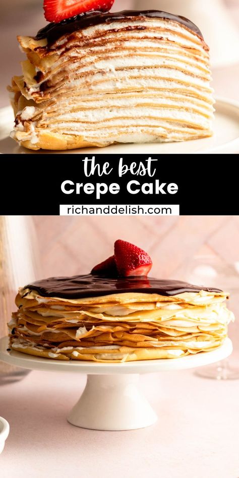 This crepe cake recipe is made by layering French crepes with whipped cream and topped with a delicious chocolate ganache. Mille Crepe Cake, Holiday Recipes Christmas Desserts, Whipped Cream Chocolate, Crepe Cake Recipe, Christmas Main Dishes, Cream Cheese Desserts, French Crepes, Cake Recipes Easy Homemade, Mille Crepe