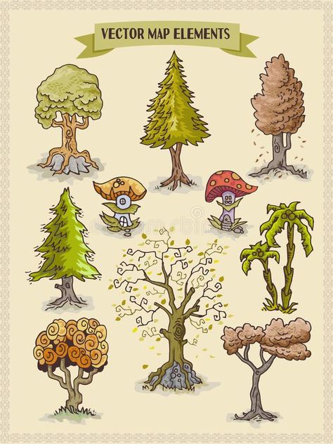 Vector map elements, colorful, hand draw - trees and vegetation design stock elements. Vector colorful map hand draw stock elements for fantasy map and board vector illustration Board Games Illustration, Fantasy Map Drawing Ideas, Fantasy Cartography, Map Elements, Desert Map, Map Sketch, Map Drawing, Cartographers Guild, Tree Map