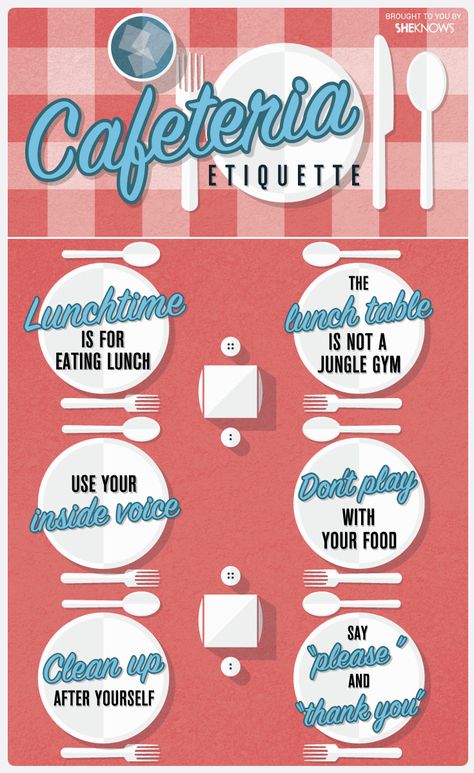 A quick crash course in cafeteria etiquette for kids Etiquette For Kids, Cafeteria Behavior, Cafeteria Decorations, School Cafeteria Decorations, Cafeteria Bulletin Boards, Cafeteria Decor, School Lunchroom, Class Rewards, Whole Class Rewards