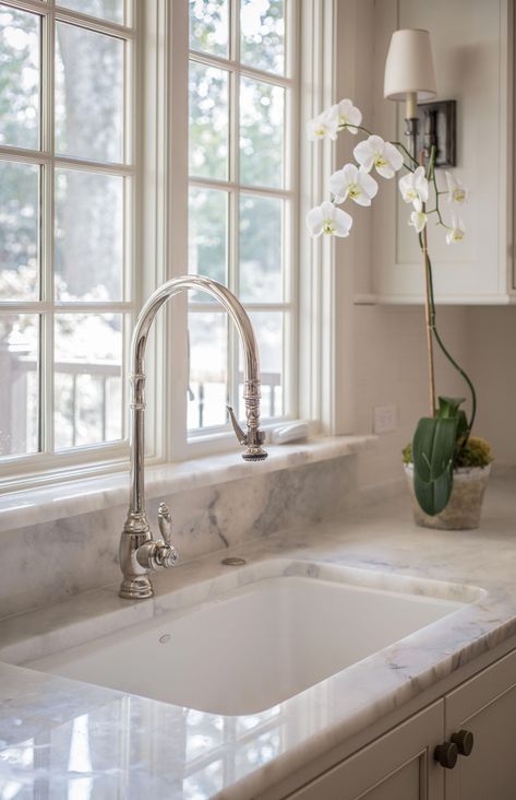 Marble backsplash and window sill to prevent paint peeling. Kitchen - McClure architecture #kitchenremodel #KitchenSinkDouble Kitchen Window Sill Ideas, Carrera Marble Kitchen, Kitchen Sink Window, Window Sill Decor, Kitchen Favorites, Quartz Backsplash, Kitchen Window Sill, Inset Cabinets, White Kitchen Sink