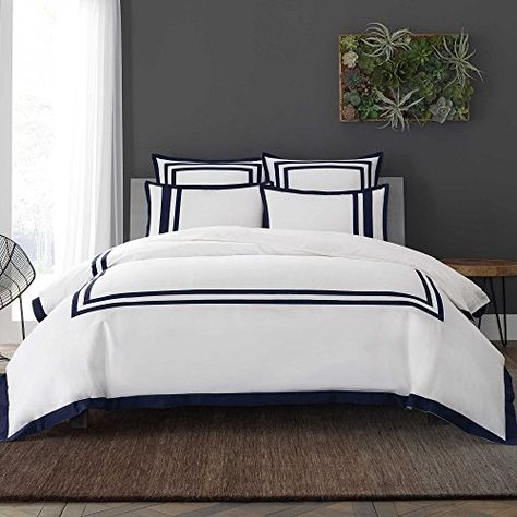 Wamsutta Hotel Border MICRO COTTON Full/Queen Duvet Cover Set in White/Navy Small Condo Decorating, Blue And White Bedding, Duvet Covers Yellow, Hotel Bedding, Bed Cover Sets, Yellow Bedding, King Duvet Cover Sets, White Duvet, Queen Duvet Cover