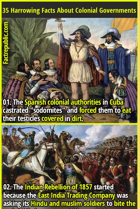 01. The Spanish colonial authorities in Cuba castrated "sodomites" and forced them to eat their testicles covered in dirt. #government #history #spanish #espanol #rebellion #cuba #usa #america #unitedstates #truth #true Brutal Truth, Fact Republic, Trivia Facts, History Facts Interesting, Colonial History, Colonial America, East Indies, French Army, Random Facts