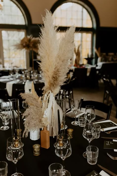 Boho Wedding Black And White, Pampas Grass Table Centerpieces, Table Settings Boho Wedding, Black Attire Wedding Decor, Black Table Linens Wedding Boho, Black Rustic Fall Wedding, Creme And Black Wedding, All Black Wedding Centerpieces, Pampas Grass And Candles Wedding