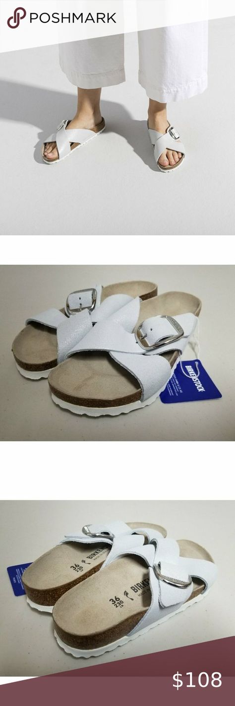 Birkenstock Siena Big Buckle Sandals Washed Metallic White Size 36 Narrow Birkenstock Siena, Buckle Sandals, Birkenstock Shoes, Toe Designs, Siena, Birkenstock, Open Toe, Cork, Slip On