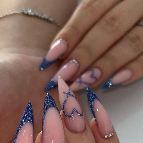 Nail Artist 💅🏻 on Instagram Dark Blue Sparkly Nails, Sparkly Nails Acrylic, Blue Sparkle Nails, Blue Sparkly Nails, Blue French Nails, Long Nail Ideas, Sparkly Nail Designs, Blue Stiletto Nails, Blue Prom Nails